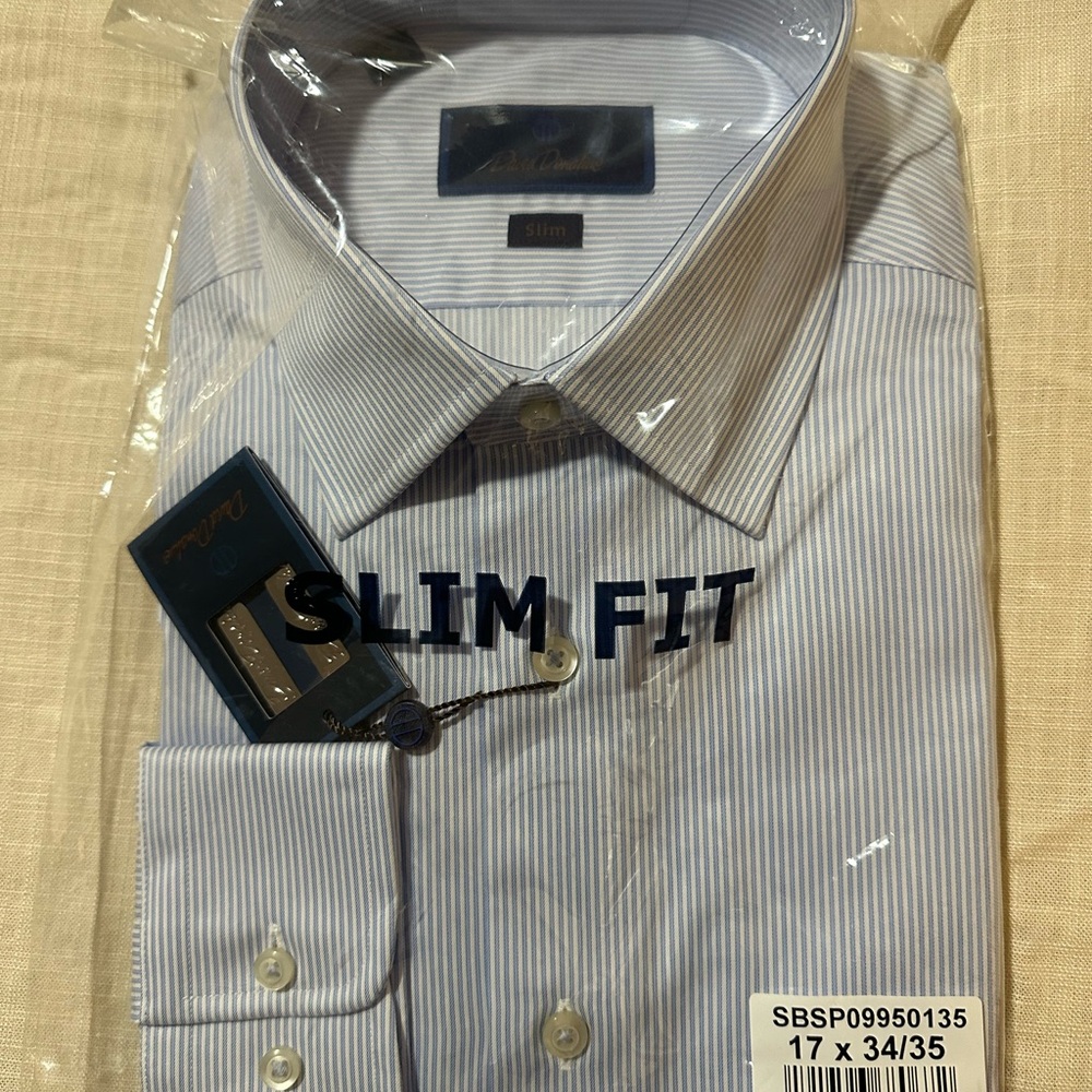 David Donahue Blue and White Striped Dress Shirt